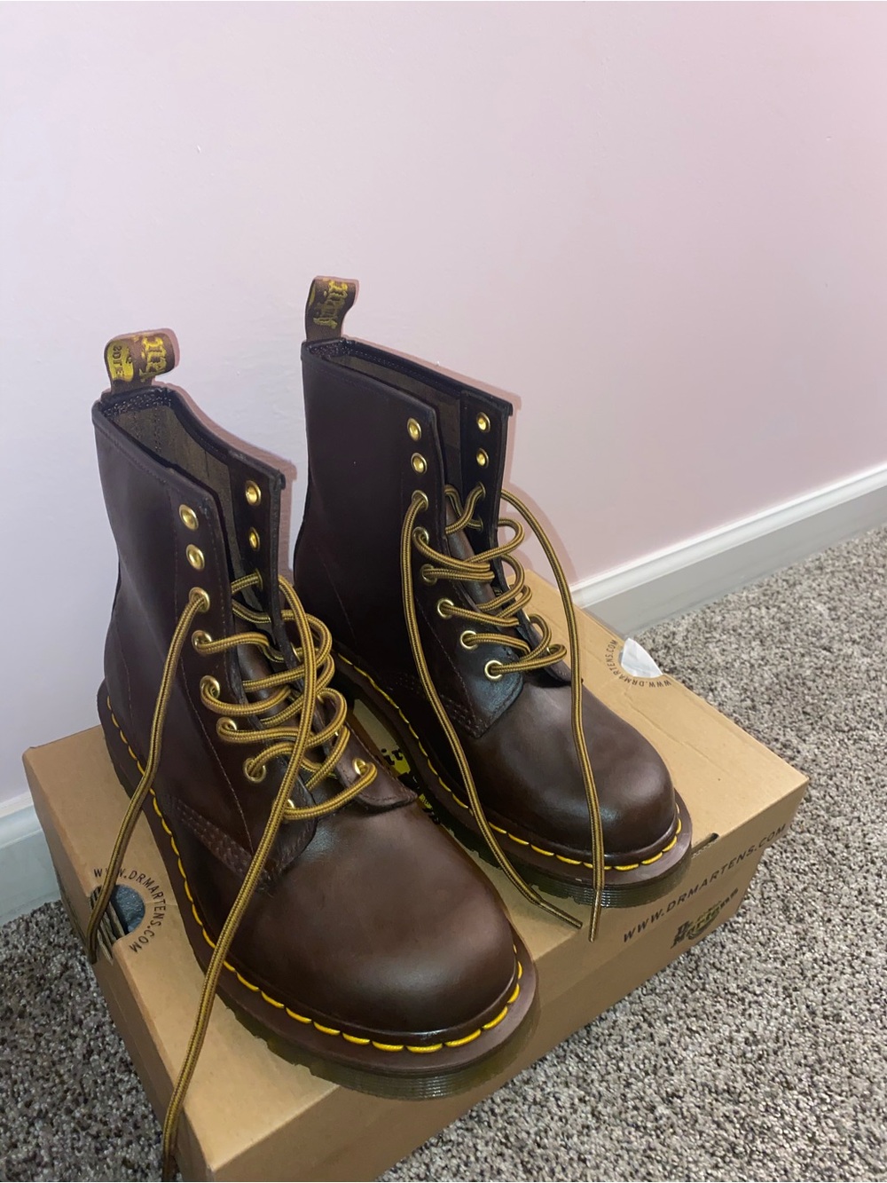 Dr. Martens Brown Leather 8-Eye Lace-Up Boots with Yellow Stitching